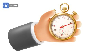 Kronometreyi tut. 3D gerçekçi el altın zamanlayıcıyı tutuyor. Son teslim tarihi, başlama, dakiklik, zaman yönetimi, verimlilik ve iş optimizasyonu kavramı. Vektör illüstrasyonu