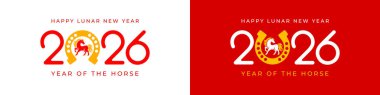 2026 Mutlu Yıllar Kutlama Tasarımları. At nalı ve at nalı ile 2026 logosu. Herhangi bir tasarım için, ilan, baskı, tebrik kartı, pankart, günlük, defter, takvim gibi. Atın yılı. Vektör illüstrasyonu