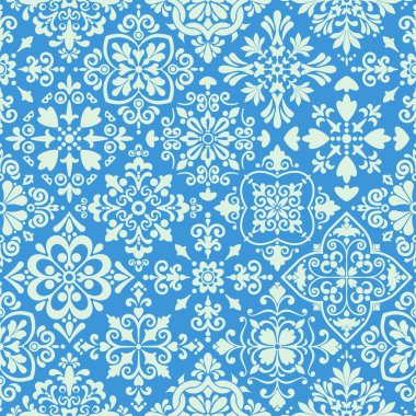 Akdeniz usulü azulejo 'da kusursuz desen. Monokrom renginde antika yama döşemeleri. Seramik fayans, duvar kağıdı, tekstil, web sayfası vs. için sonsuz desen mükemmel. Vektör illüstrasyonu