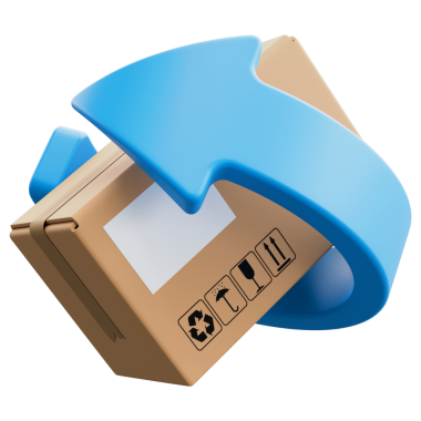 Etrafında dönen mavi oklu karton teslimat kutusu ya da paket. Paketi gönderene iade et, malları değiş tokuş et, geri dönüşümlü materyalin sembolü. Lojistik, teslimat konsepti. Vektör illüstrasyonu