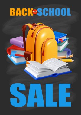 Okul satışı ilanına geri dönelim. 3D gerçekçi açık ders kitabı, kitap yığını ve sarı sırt çantalı dikey afiş şablonu. Eğitim kavramsal geçmişi. Vektör illüstrasyonu