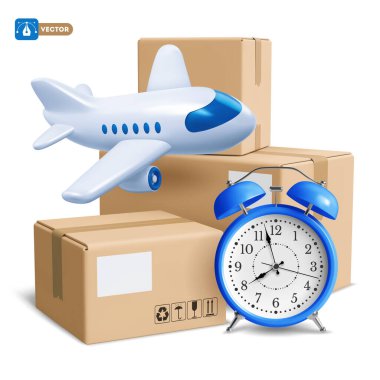 Karton kutular, paketler, mavi çalar saat ve uçan uçak. Hava postası, hızlı teslimat, hızlı teslimat. Nakliye lojistiği. 3d gerçekçi izole edilmiş vektör çizimi