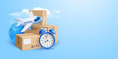 Hızlı teslimat, hızlı teslimat, hava postası kavramsal afiş şablonu. Karton kutular, paketler, mavi alarm saati, uçan uçak ve kopyalama alanı. Nakliye lojistiği. 3d gerçekçi vektör illüstrasyonu