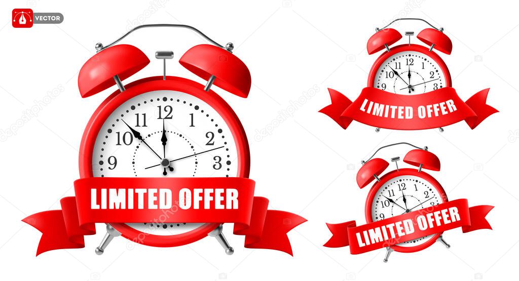 Limited offer sticker with red alarm clock and ribbon. Advertising for sale, super promo or exclusive deal. Great offer one day sales and timer. Last minute chance auction tag. Vector illustration