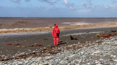 BATUMI, GEORGIA - 20 Eylül 2025: Kayalık çakıl taşı plajlarında metal dedektör kullanan parlak takım elbiseli adam kayıp eşyalar, madeni paralar veya hazineler arıyor. Arka planda fırtınalı dalgalar