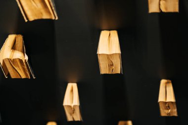 Kitaplar odanın tavanına iliştirilmiş. Tavandan düşen kitapların illüzyonu. Siyah kapaklı kitapları aç