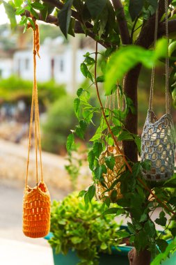 Bahçeye asılmış halat ve cam kavanozdan yapılmış bahçe feneri hasarı. Yüksek kalite fotoğraf