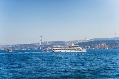 Güzel yapılandırılmış bir köprü, sakin bir su kütlesi boyunca uzanır ve arka planda görkemli bir şekilde yükselen canlı bir şehir silueti vardır.