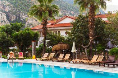 Rahat sandalyeler ve uzun, davetkar palmiye ağaçları ile çevrili ferah bir yüzme havuzu var. Rahatlatıcı bir ortam yaratıyor.