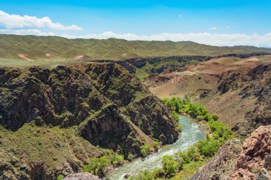 Alma bölgesindeki dağ nehri. Kazakistan 'da temiz içme suyu olan nehir. Yüksek kalite fotoğraf