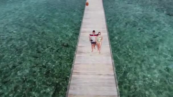 Hombre Una Pareja Mujeres Caminando Sobre Puente Madera Tomados Mano — Vídeo de stock