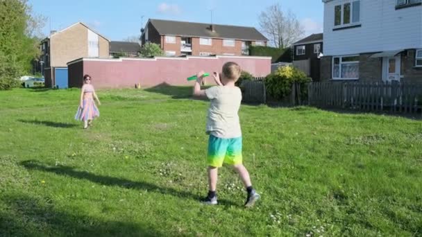 Små Børn Pige Dreng Leger Frisbee Det Åbne Grønne Område – Stock-video