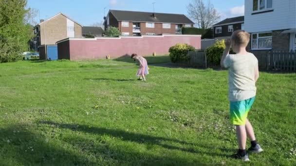 Bambini Piccoli Ragazza Ragazzo Stanno Giocando Frisbee Nell Area Verde — Video Stock