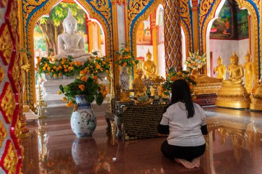 Bangkok, Tayland 'da süslü bir Budist tapınağında altın Buda heykelleri önünde diz çöküp dua eden bir kadın. Zengin dekore edilmiş iç mekanda adanmışlık, maneviyat ve geleneksel Tayland kültürü sergileniyor..