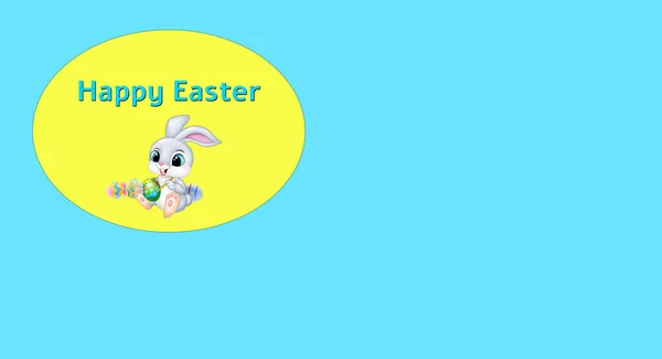 Easter poster and banner template on blue background. Congratulations and gifts for Easter. Hare with eggs