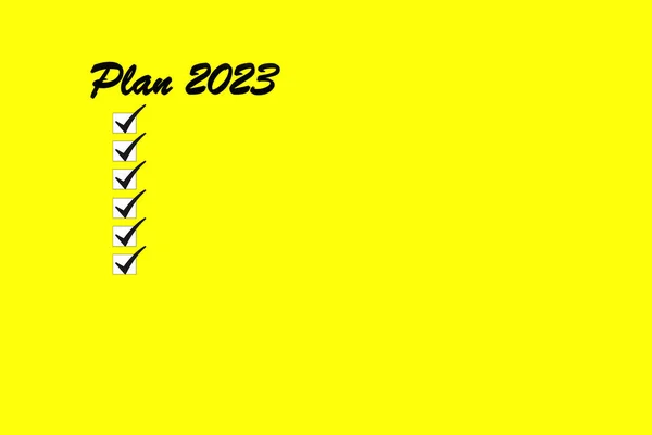 2023 Tervezünk Sárga Alapon Írj 2023 Egy Jegyzetfüzetbe Szilveszteri Célok — Stock Fotó