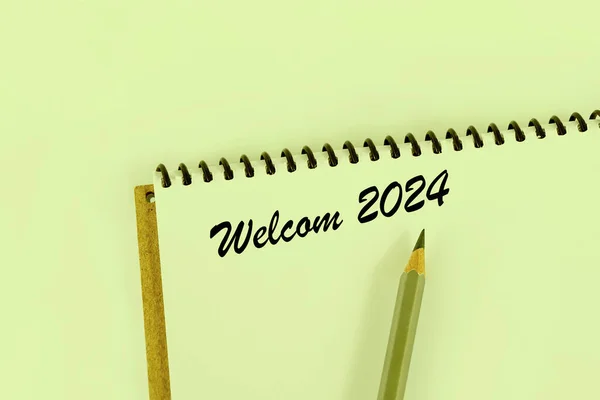 Welcom 2024 Auf Weißem Hintergrund Neues Jahr 2024 Notizblock Und — Stockfoto