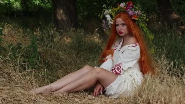 Bajkowy Charakter Piękna Dziewczyna Długimi Czerwonymi Włosami Koroną Kwiatową Haftowanym — Wideo stockowe