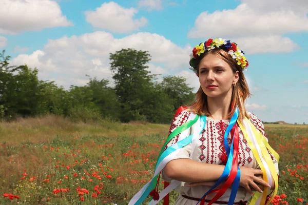 身穿民族服装的乌克兰少女的画像 头戴花环 背景为田园 长着罂粟和蓝天 乌克兰族服装 爱国主题 — 图库照片