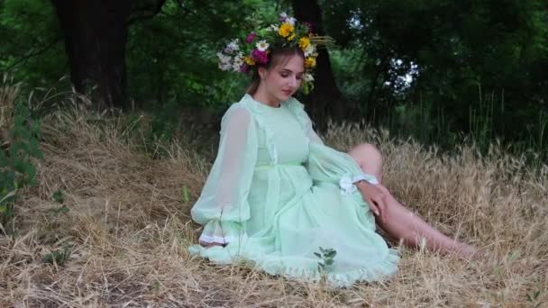 Sagofiguren Vacker Flicka Med Vilda Blommor Krona Och Grön Klänning — Stockvideo