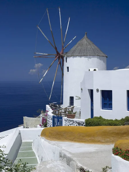 Windmill in the town of Oia on the volcanic island of Santorini in the Aegean Sea off the coast of mainland Greece.