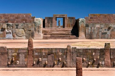 Tiwanaku Pre-Inca site near La Paz in Bolivia, South America - showing the head stones of the Subterranean Temple. The site is over 2000 years old clipart