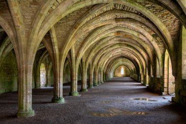 İngiltere 'nin kuzeydoğusundaki Ripon, North Yorkshire yakınlarındaki Fountains Abbey' deki kemerli kemer. 1132 'de kuruldu..