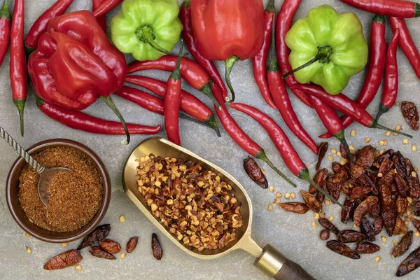 Fresh Dried Powdered Chili Peppers Hot Spicy — Stock Photo, Image