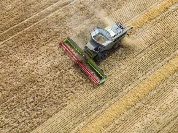 Aerial View Harvest Time Overhead View Field Barley Being Harvested — Stock Photo, Image