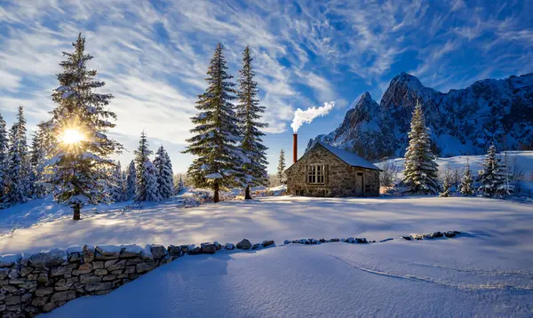 Zimní Sníh Chatka Horách Pozdním Odpoledním Slunci — Stock fotografie
