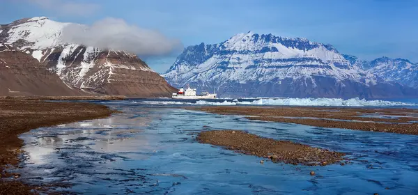Tourist Icebreaker Exploring Fjord Davy Sound Northeast Coast Greenland Stock Image