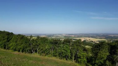 İnsansız hava aracı Birleşik Krallık 'taki Kuzey Yorkshire kırsalına ağaçların üzerinden uçuyor..