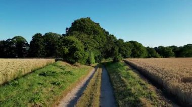 İnsansız hava aracı İngiltere 'nin kuzeydoğusundaki Kuzey Yorkshire kırsalında bir çiftlik yolunda uçuyor..