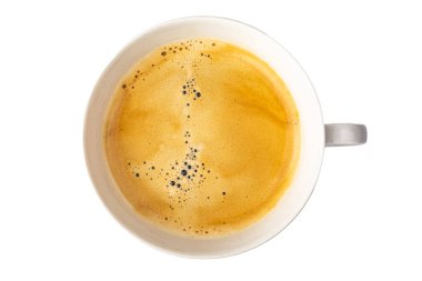 white espresso cup on white background top view. High quality photo