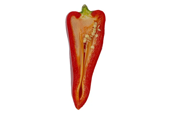 Κόκκινη Γλυκιά Πιπεριά Κομμένη Στη Μέση Απομονωμένη Λευκό Φόντο Υψηλής — Φωτογραφία Αρχείου