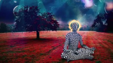 Adam nilüfer çiçeği pozuyla meditasyon yapıyor. Gerçeküstü manzara