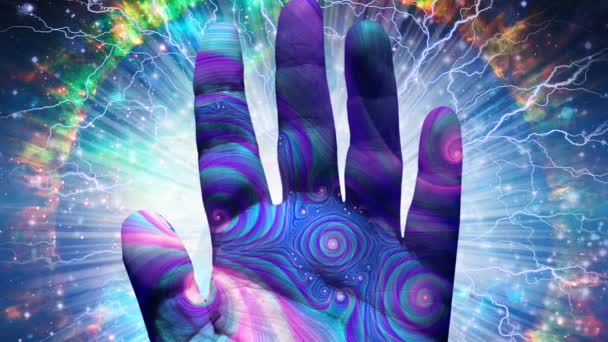 精神作曲 造物主之手永恒空间中的人类手掌和星系 — 图库视频影像
