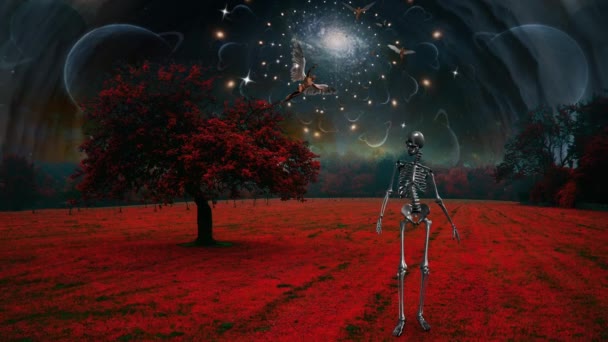 Σκελετός Σουρεαλιστικό Τοπίο Άγγελοι Πετούν Στον Ουρανό — Αρχείο Βίντεο