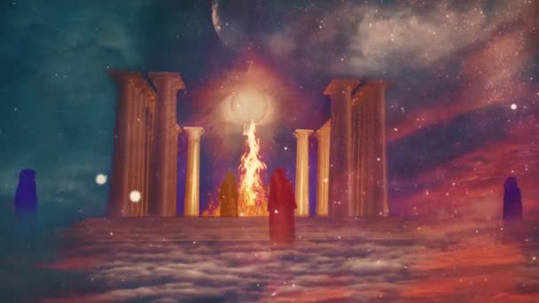 Древний Храм Огня Таинственная Анимация Священников — стоковое видео