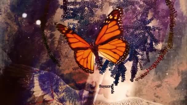 Бабочка Абстрактном Фоне Случайный Текст — стоковое видео