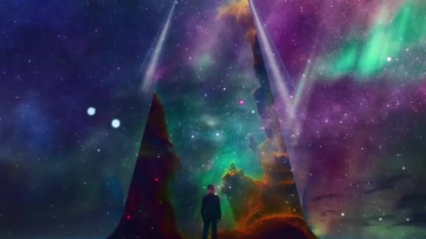 Людина Розкриває Галактику Сюрреалістичний Пейзаж — стокове відео