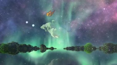 Butterfly over the cloud. Green trees in water world. Animated video