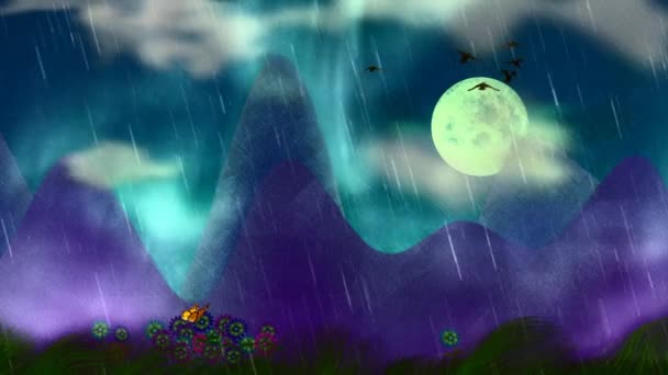 Dibujos Animados Ilustración Margaritas Mariposas Luna Cielo Nublado Montañas Púrpuras — Vídeo de stock