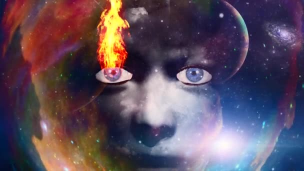 Woman Face Fire Colorful Space Animated Video — Stockvideo