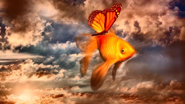 Нереальное Воображение Золотая Рыба Бабочка Мультфильм — стоковое видео