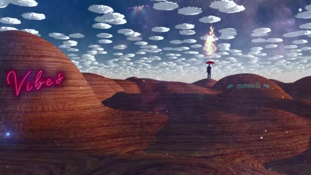 Człowiek Płonącym Parasolem Szczycie Góry Wschód Lub Zachód Słońca Ruchome — Wideo stockowe