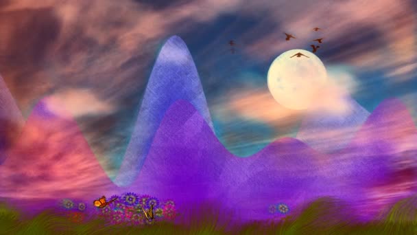 Dibujos Animados Ilustración Margaritas Mariposas Luna Cielo Nublado Montañas Púrpuras — Vídeos de Stock