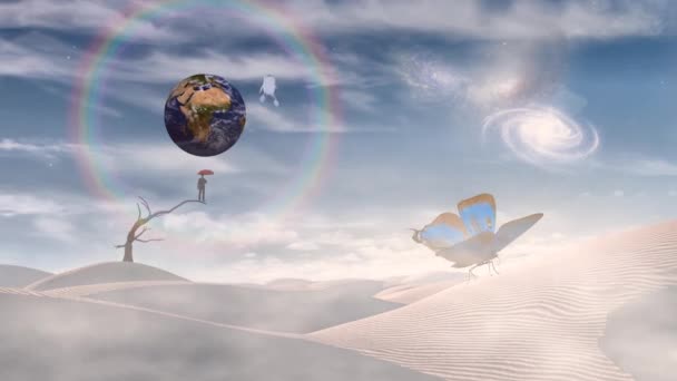 超现实的白色沙漠天空中的星系和行星 — 图库视频影像