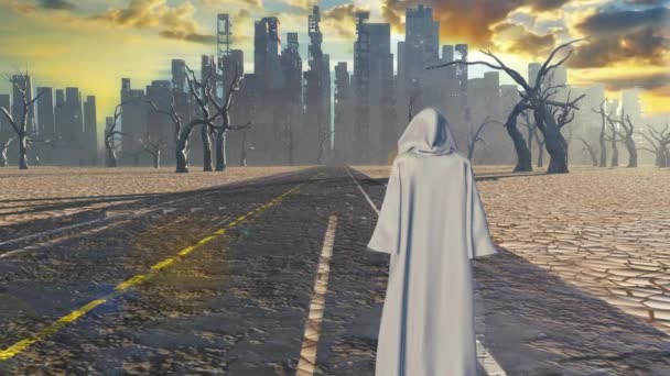 Traveler Road Desolate City Animated Video — Stock Video