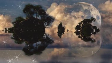 Rocky adaları. Bulutlu gökyüzünde dev bir ay. Canlandırılmış video